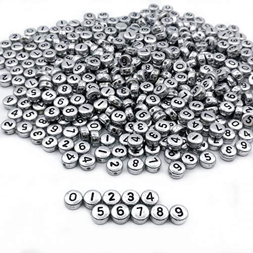 Image of Amaney 500pcs Silver Acrylic Number Beads 7x4mm Mixed Number Beads Acrylic Plastic Round Shape Loose Beads