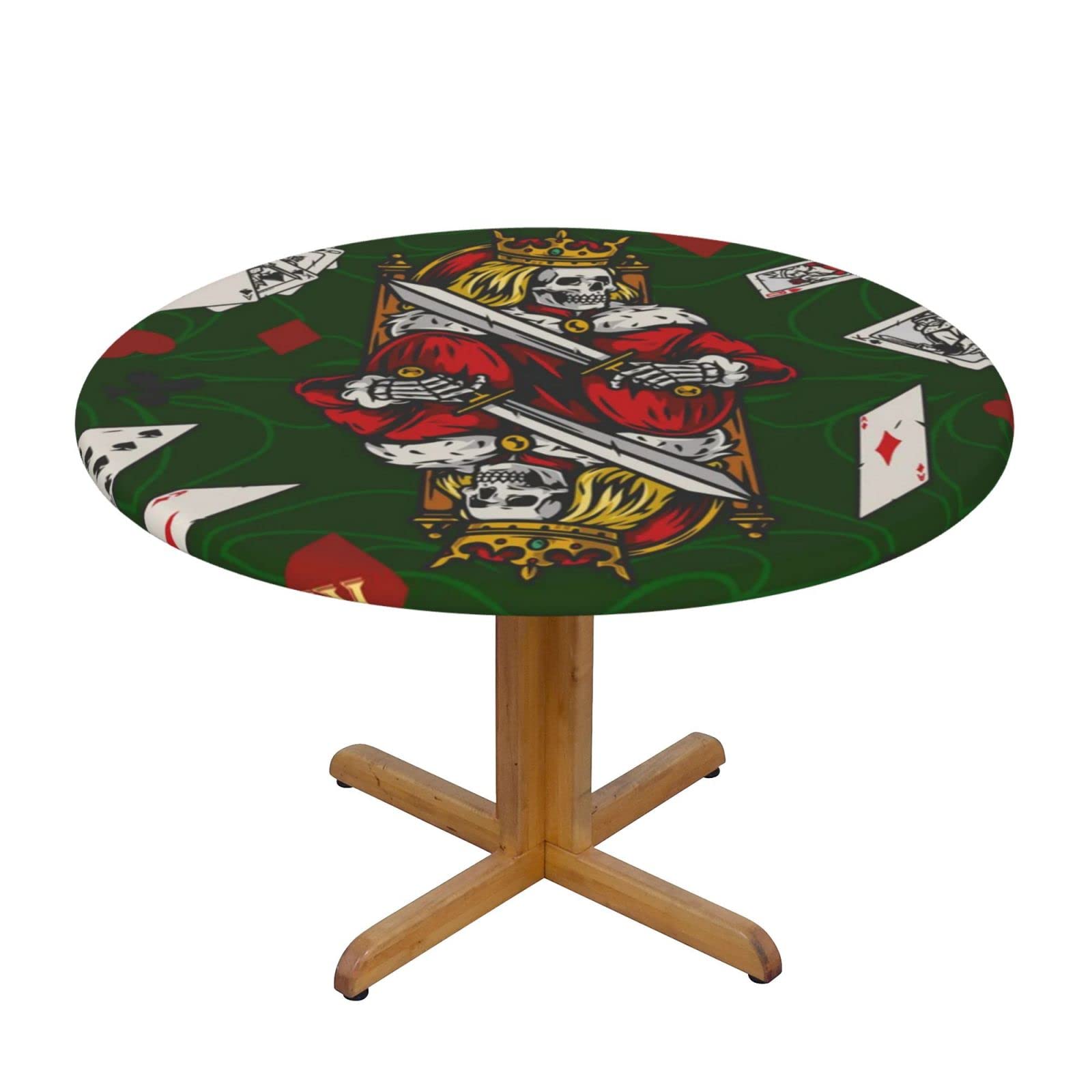 Lsjuee Round Fitted Tablecloth 40-44in Elastic Edged Table Cloth for Kitchen Dining Party Home Decor - Poker Card Skeleton Skull Green