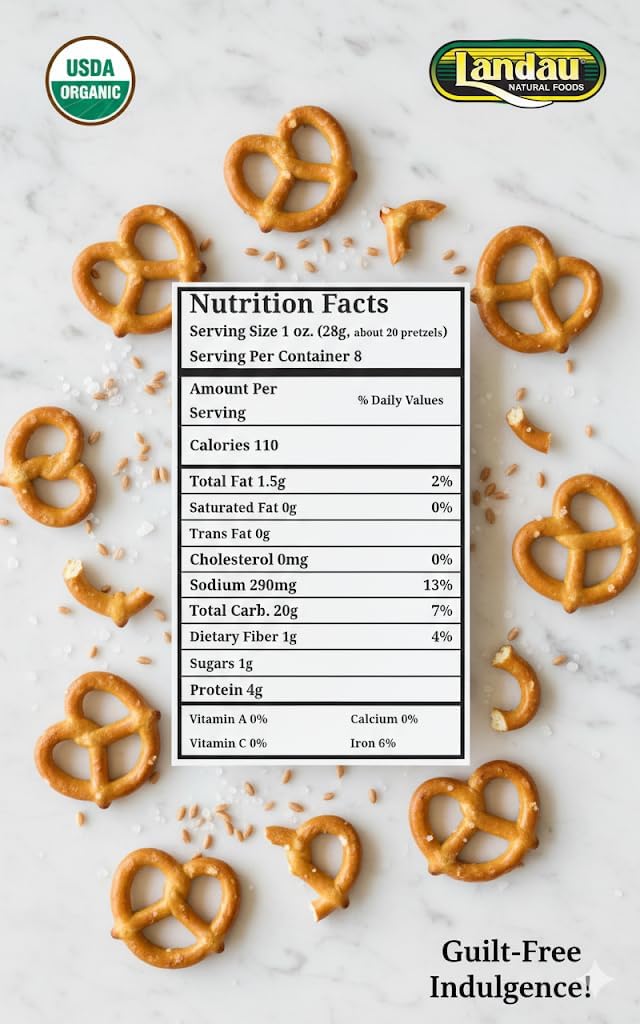 Landau Organic Spelt Pretzels, Low Fat Salted Snack, USDA Certified, All-Natural Ingredients, Kosher, 8 oz Bags, 12 Count