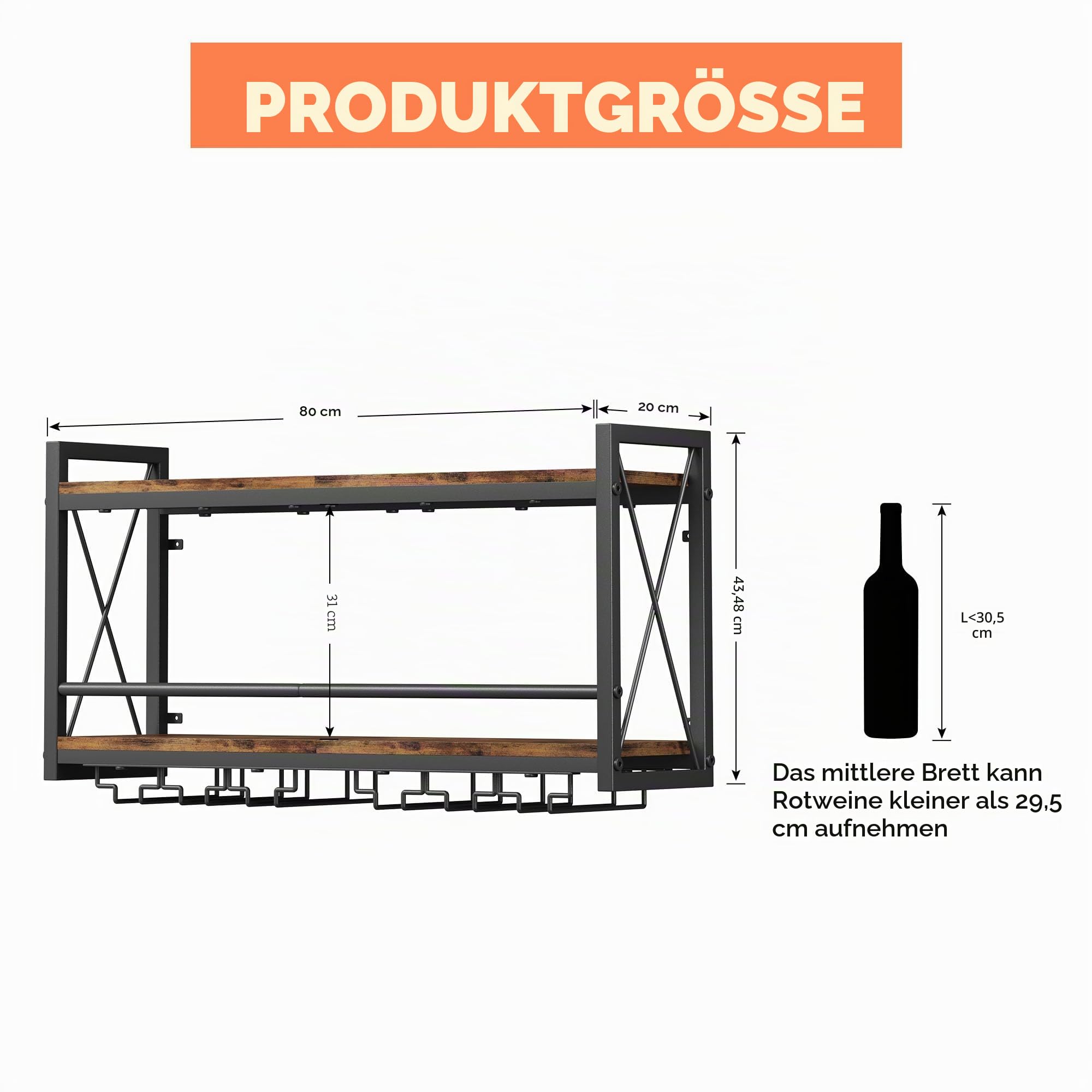 Homeiju Wandmontiertes Weinregal, Flaschen- und Glashalter, Holz, Metall, Retro-Weinregal, Weinflaschen-Display, Wandaufbewahrung für Küche, Esszimmer, Hausbar