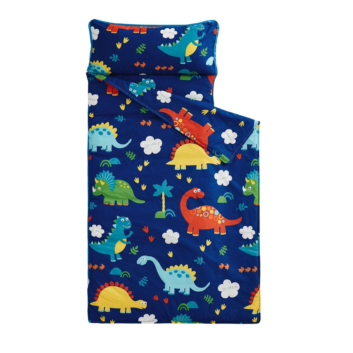 Nap Mat with Removable Pillow for Kids Toddler Boys Girls Daycare Preschool Kindergarten Sleeping Bag, Dinosaurs Printed on Navy Blue, 100% Cotton with Microfiber Fill