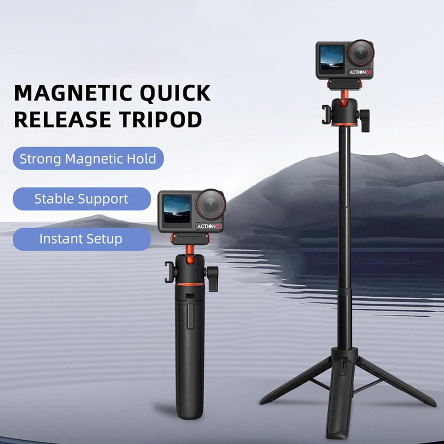 Quick-Release Tripod Extendable Selfie Stick for DJI Osmo Action 4/5 Pro, Multifunctional Extension Pole Cold Shoe Mounting for Fill Lights and Microphones Accessories