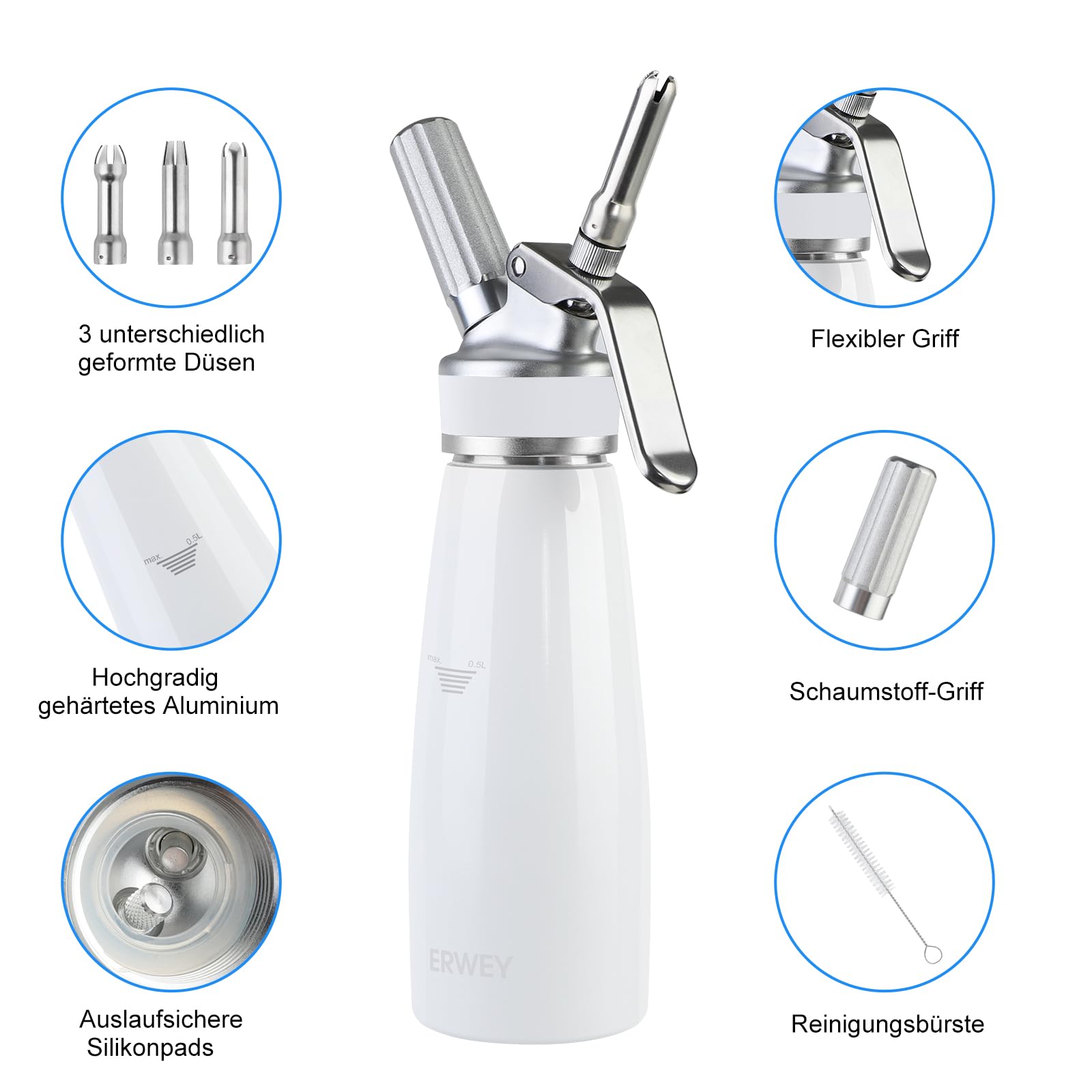 ERWEY Sahnespender 500ML, Sahnesyphon Aluminium, Sahnesprüher Auslaufsicherer Einfach Reinigen mit 3 Tüllen und 1 Reinigungsbürsten, Schlagsahne Spender für Küche Party Desserts