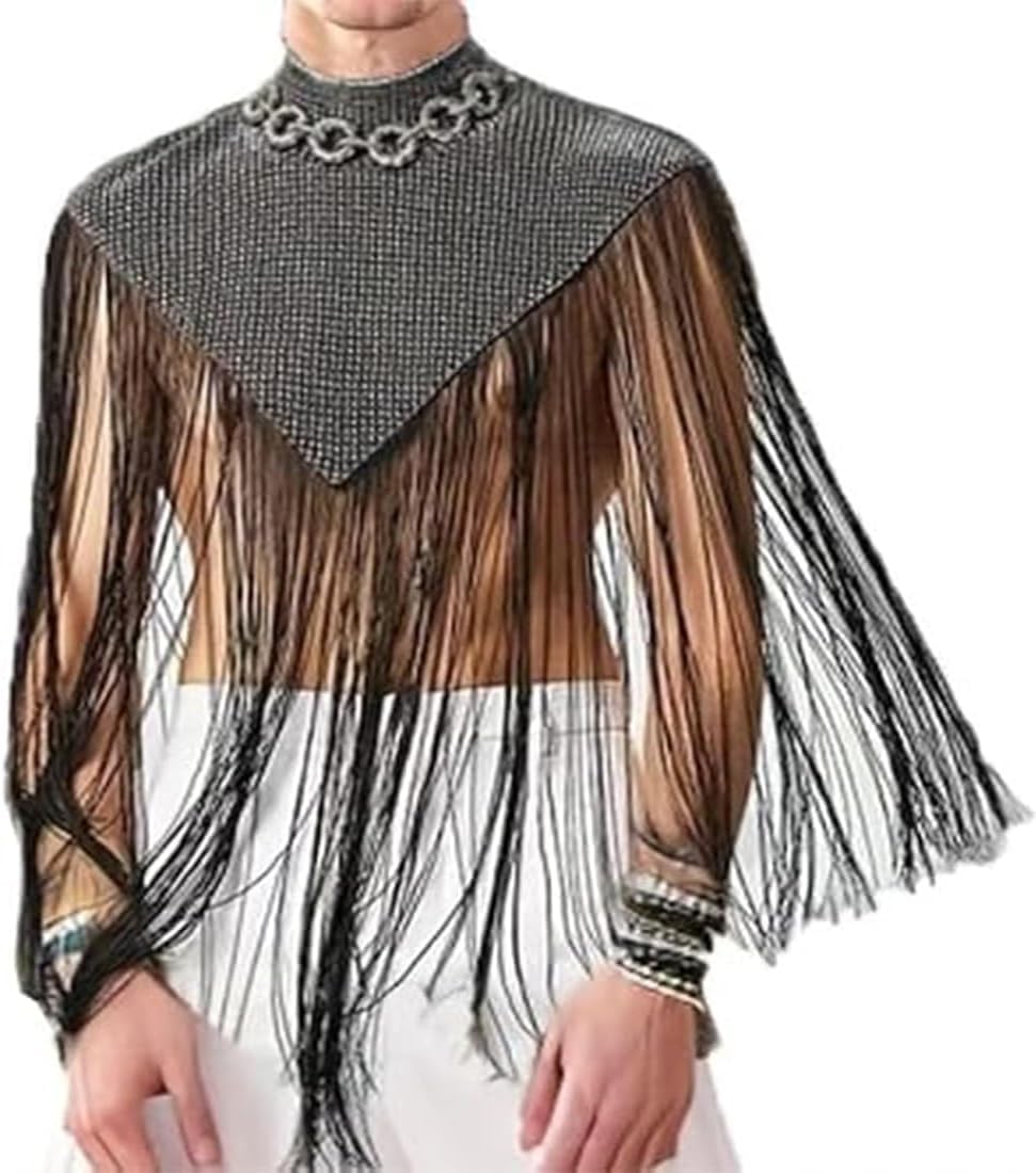 Men's Long Tassel Shrug Shoulder Pads Tank Top Clubwear Disco Rave Outfits Patchwork Sequins Fringe Outwears - Image 3