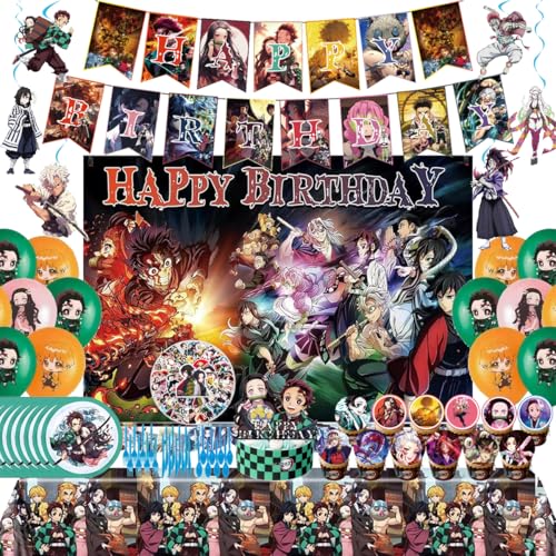 132Pcs Demon-themed birthday party decorations and party supplies cake toppers spiral hangings dinner plates tablecloths stickers