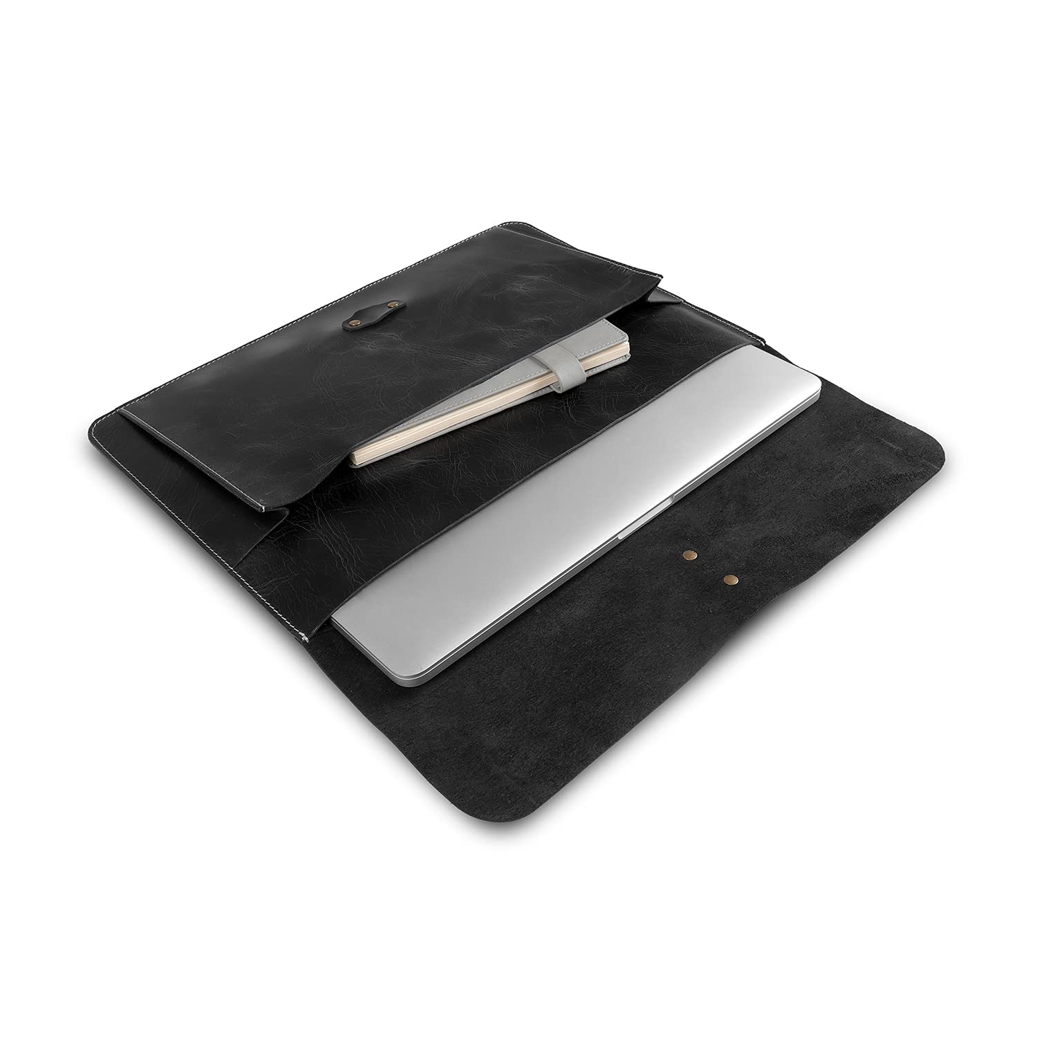Londo - Etui MacBook Pro z Prawdziwej Skóry Licowej z Przednią Kieszenią i Zapięciem na Klapkę - Czarny, 15-16 Inches, Solidny