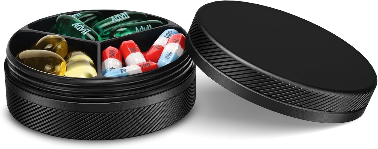 Small Metal Pill Case, 3 Compartment Travel Pill Organizer for Purse Pocket, Portable Pill Container for 3 Times a Day Pills, Vitamins, Supplements - Black