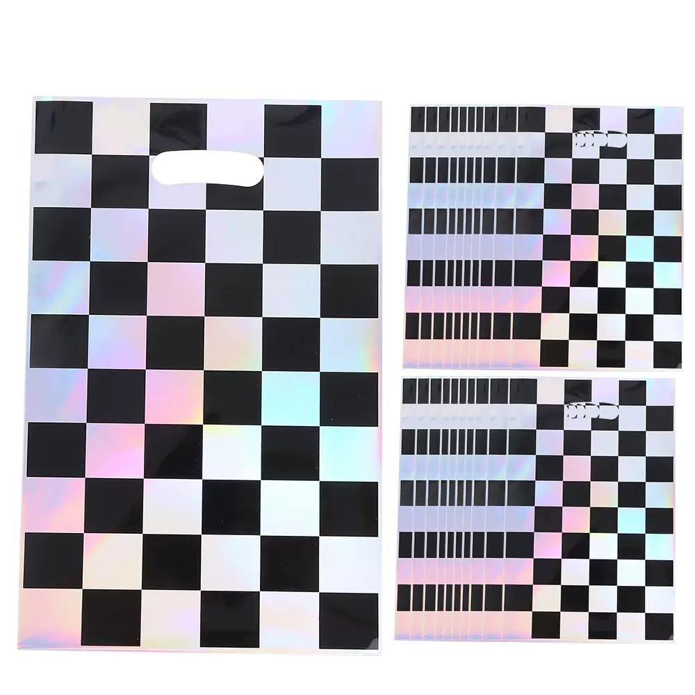 30 Pcs Checkerboard Laser Gift Bag, 25cmx16.5cm Checkered Bag for Racing party for Candy Donut