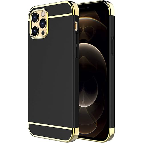 iPhone 12 Pro Max Case,RORSOU 3 in 1 Ultra Thin and Slim Hard Case Coated Non Slip Matte Surface with Electroplate Frame for Apple iPhone 12 Pro Max (6.7")(2020) - Black and Glod
