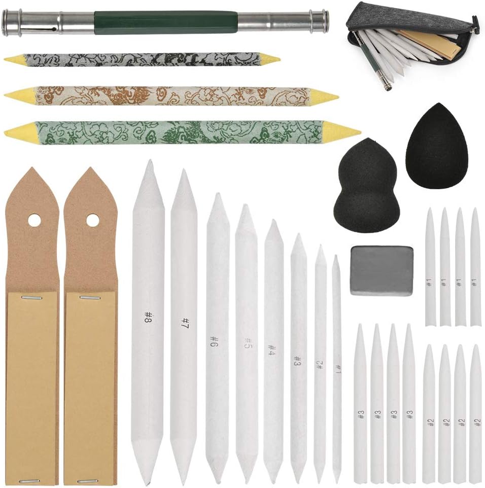 WOWOSS 23 Pieces Blending Stumps and Tortillions Set with 2 Pcs Sandpaper Pencil Sharpener, Pencil Extension Tool, 2 Sponge Sketch and Felt Bag for Student Sketch Drawing : Arts, Crafts & Sewing