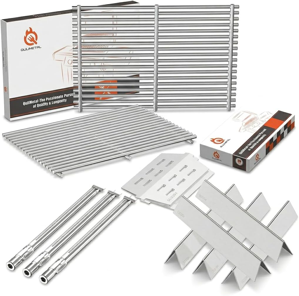 QuliMetal SUS304 Grill Parts for Weber Genesis 300 Series with Front Control Knob, Genesis Burner Tube, 9MM Grill Grates 17.5" Flavorizer Bars, Heat Deflectors for Genesis E/S310 E/S320 E/S330