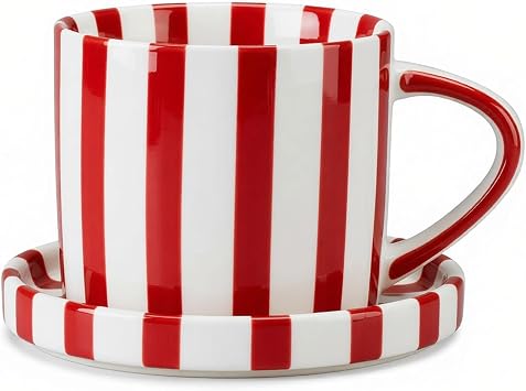 Ceramic Chubby Coffee Mug,Novelty and Lovely Ceramic Coffee Mug Set,Cloud Cup With Saucer, Microwave And Dishwasher Safe,10 oz, for Coffee Latte Tea Milk Red stripes