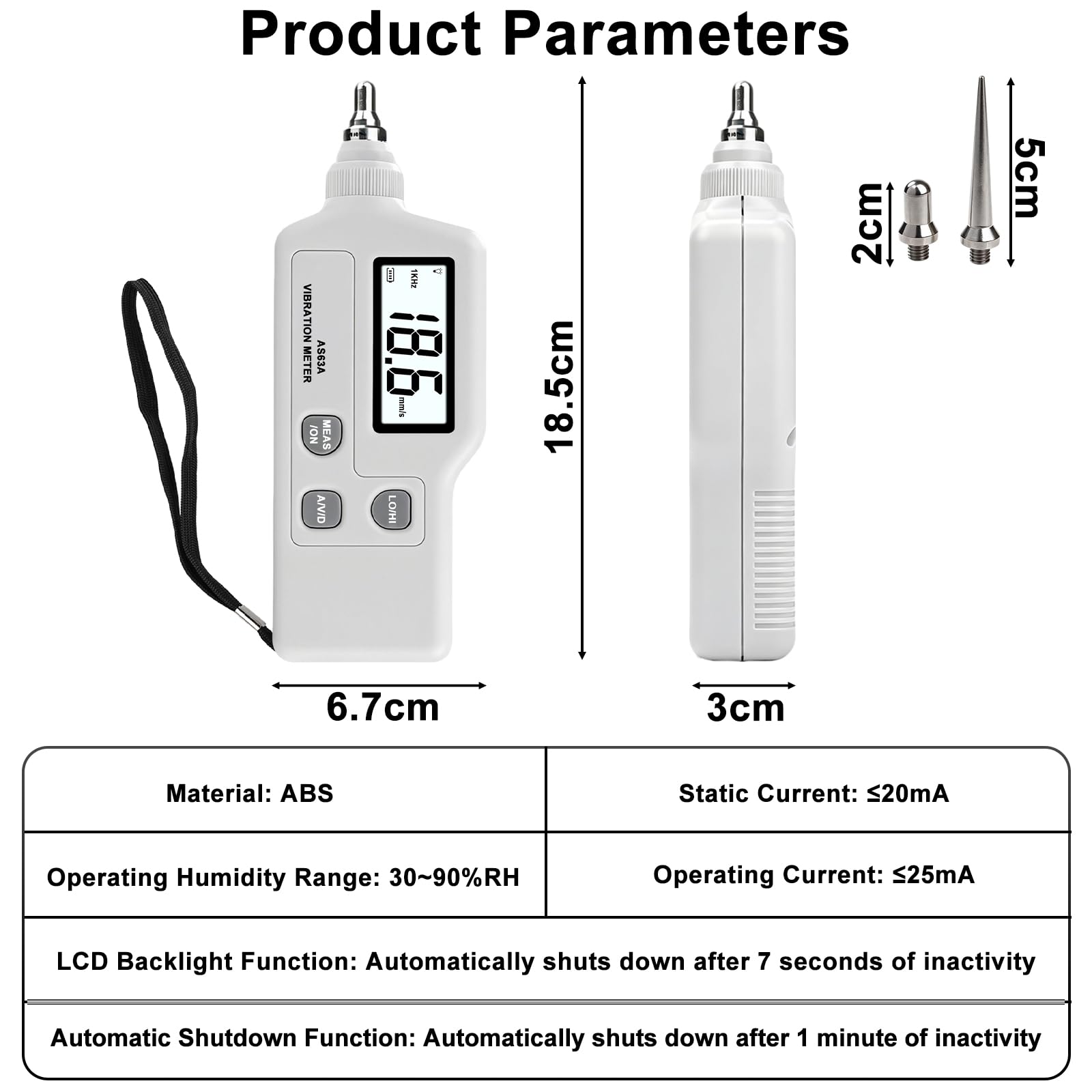 AS63A Misuratore di Vibrazioni Digitale, Analizzatore di Vibrazioni con Display LCD, misura di accelerazione velocità e spostamento, con sonda ad alta precisione