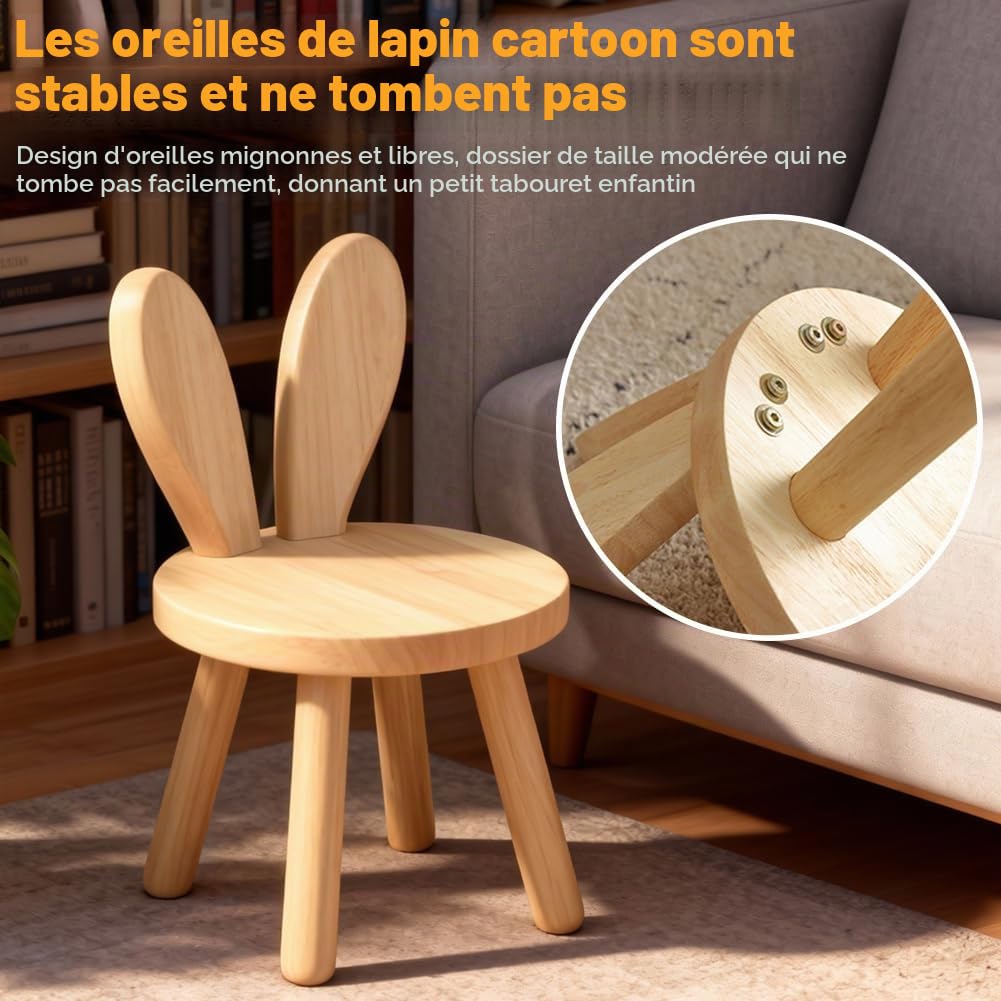 CEWROM Tabouret Enfant en Bois Massif avec Dossier en Forme d'Oreilles de Lapin - Chaise Sécurisée aux Angles Ronds pour Chambre d'Enfant, Salle à Manger ou Salon