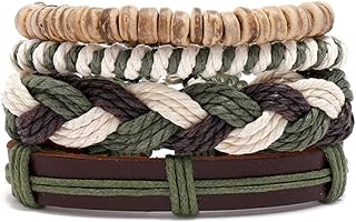HMQCI ヴィンテージレザーブレスレット 編みマルチレイヤー 麻ロープブレスレット ジュエリー メンズ レディース ティーン ガールズ ラップバングル リストバンド ブレスレットセット, レザー, アゲート