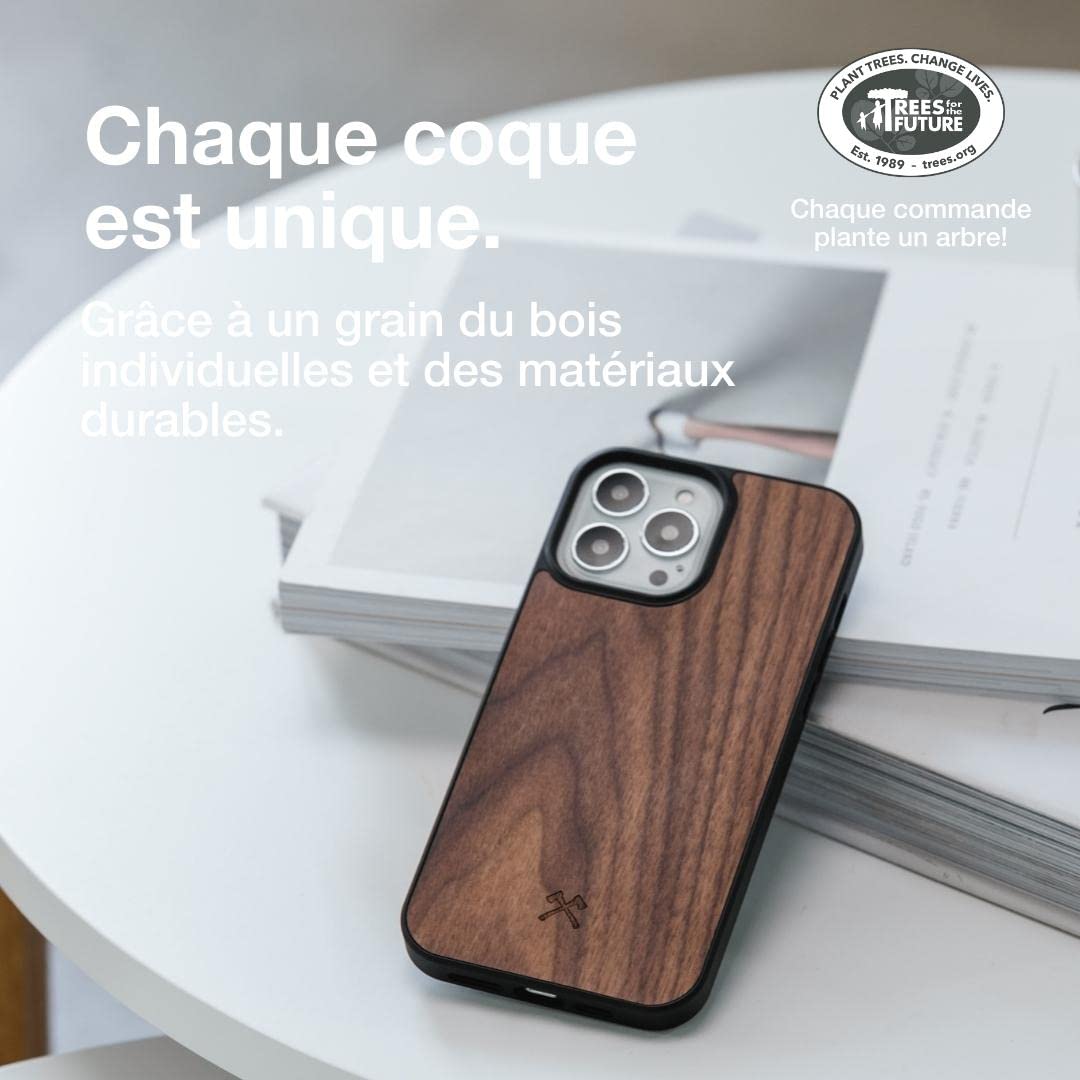 Woodcessories - Coque Bumper magnétique pour iPhone 14 Pro Max Compatible avec MagSafe, Coque avec Aimant en Bois, Noix