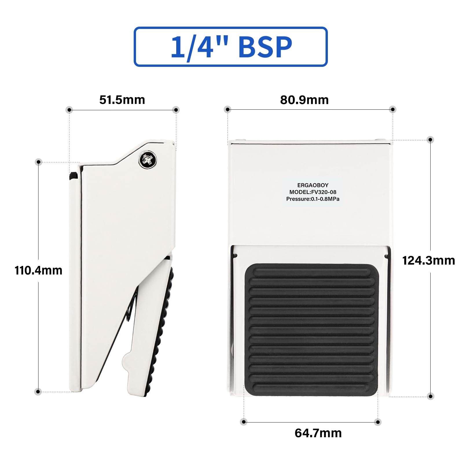 Kit de vanne à pédale pneumatique, 1/4" BSP 3 voies 2 positions filetée en caoutchouc antidérapante avec contrôle de pression FV320 et raccords 6 mm