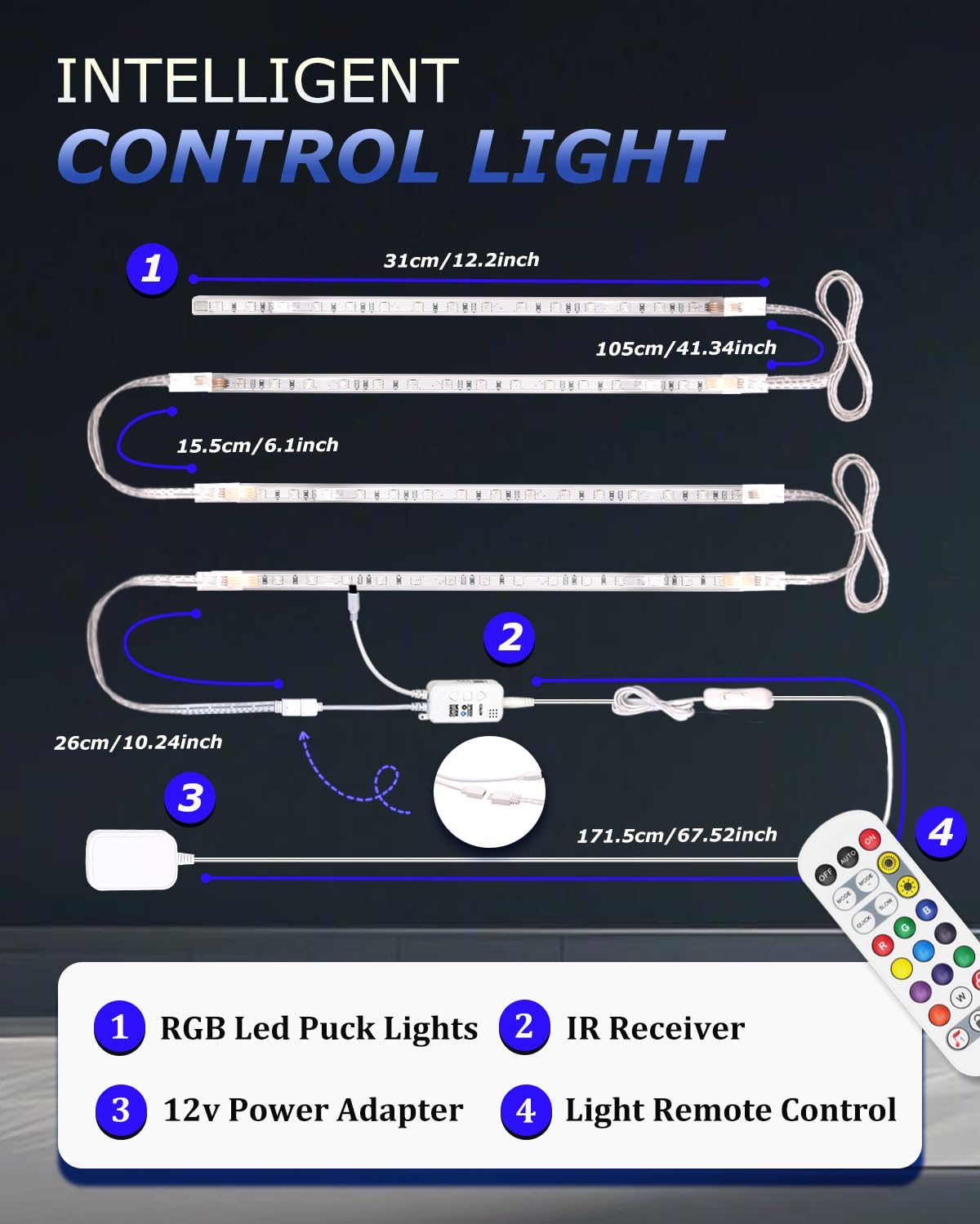 Cefrank RGBW LED Strip Lights Kit, 4Pcs 30cm Linkable RGB LED Light Bar Kit for Display Cabinet Smart App & Remote Control - Image 3