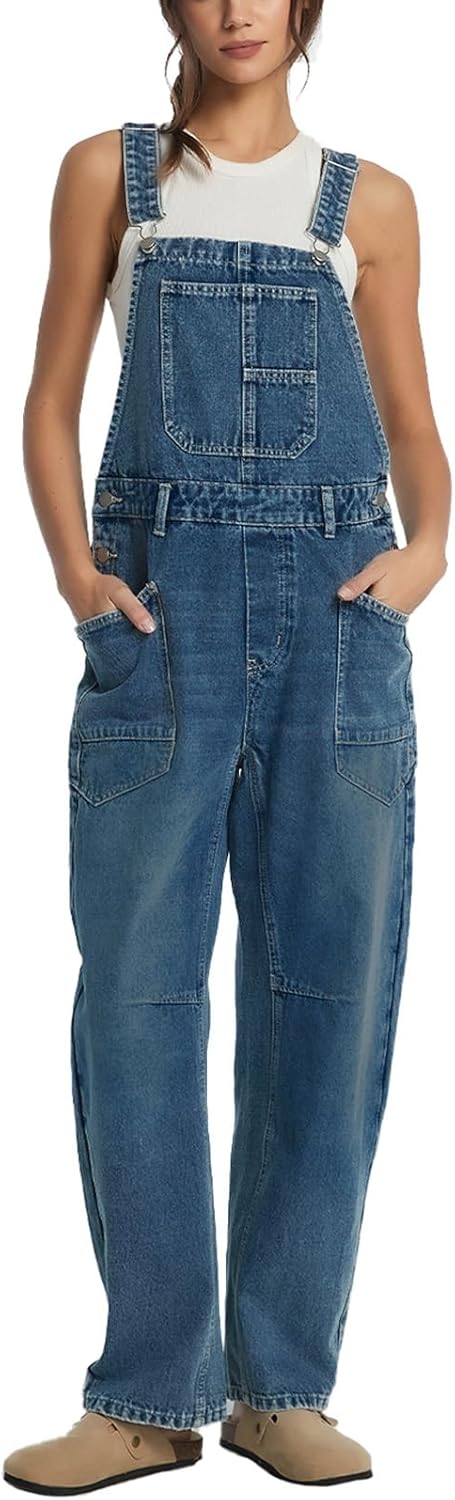 Women's Denim Bib Overalls Casual Adjustable Strap Jean Jumpsuit Denim Romper With Pockets