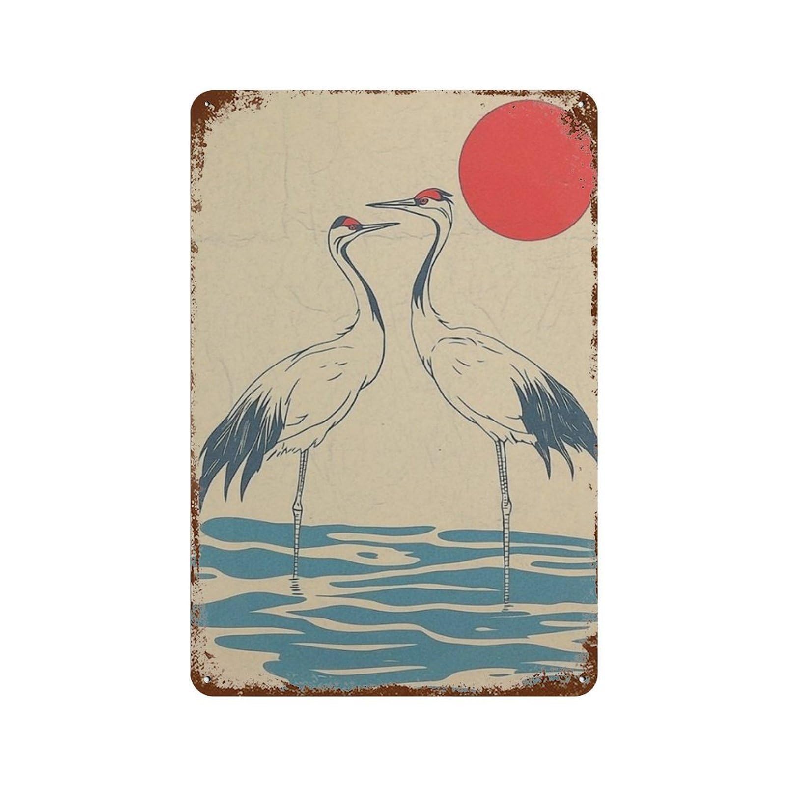 xiaoxiaoshen Japanese Crane Minimal Bird Red Sun Asian Nature Work Zen Wildlife Wall Decor Art Metal Tin Poster Modern Home Decor Art Home Bar Shop Decorations Vintage Sign 30x20cm