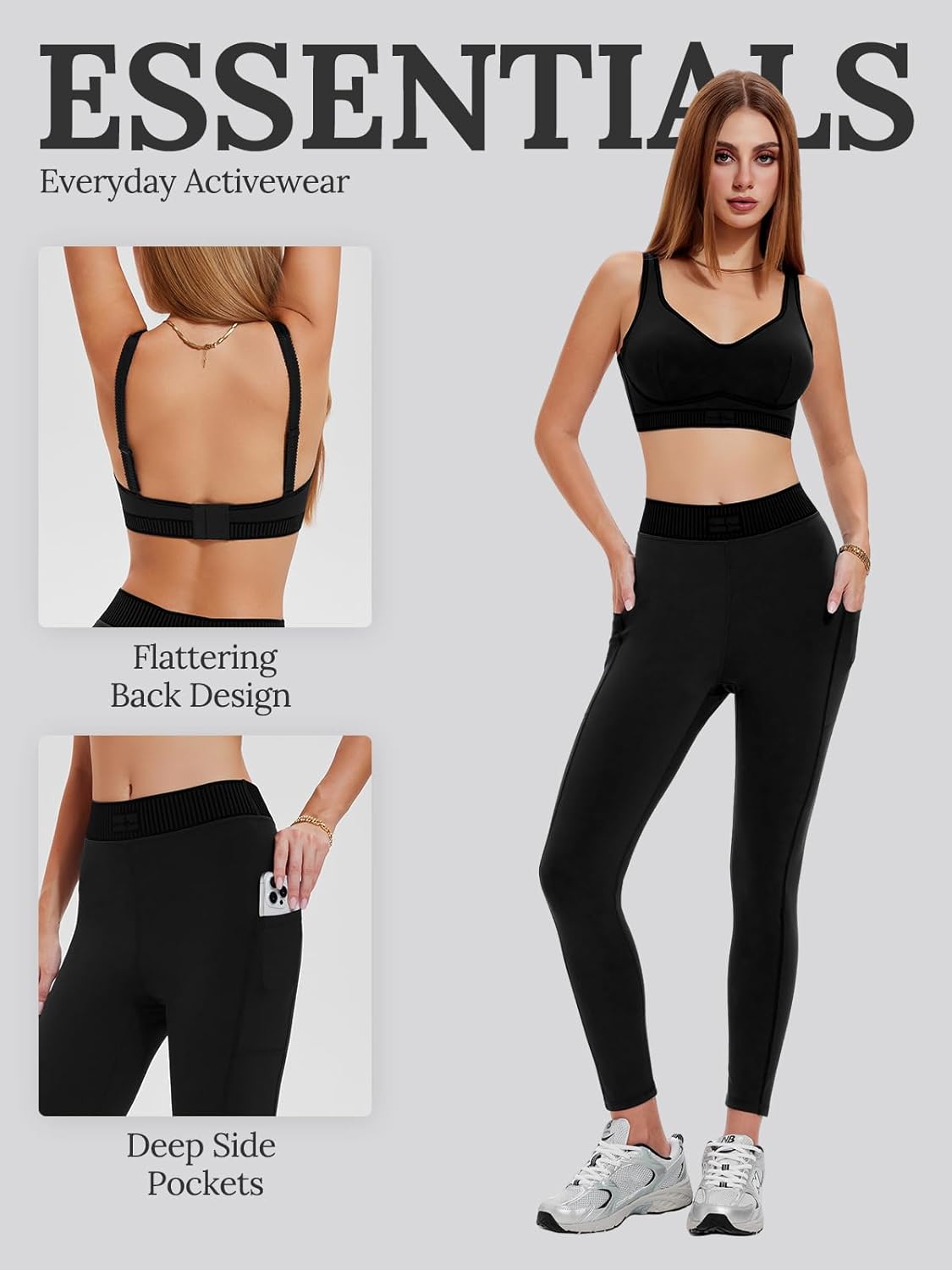 Workout Sets for Women 2 Piece Matching Set, V Neck Bra Leggings with Pockets, Winter Gym Travel Outfits Yoga Lounge Fall - Image 4