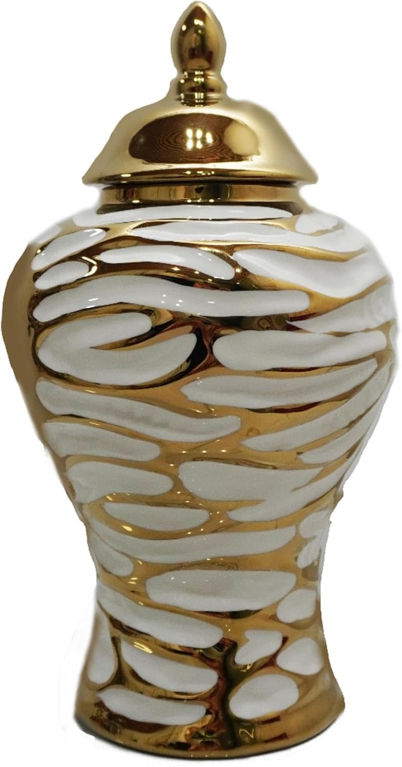 Vase Tabletop Charming White Gold Ceramic Ginger Jar with Lid Modern Decor