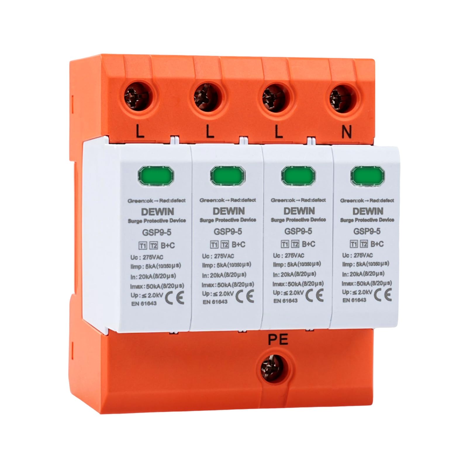 Scaricatore di Sovratensione tipo 1 e 2, 4P AC275V Scaricatori di Sovratensione 20kA~50kA Protezione da Sovratensione per Protezione Elettrica Casa Ufficio e Impianti (SPD Tipo 1+2, T1+T2, B+C)