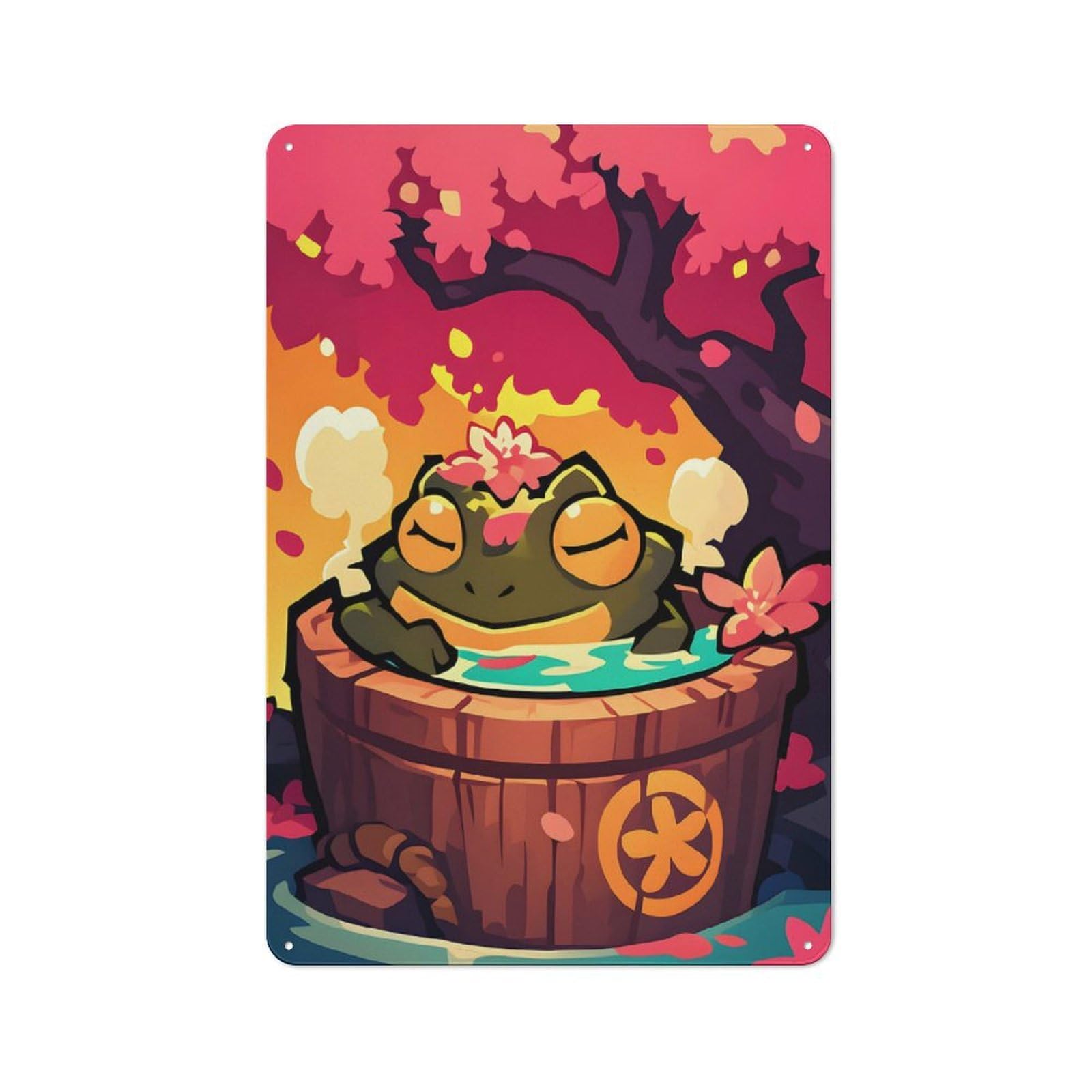 Junmoney Relaxing Frog In Onsen, Cherry Blossom Bath Retro Metal Sign 30X20cm For Garden Room Or Summerhouse, For Garden Room Decor Fans