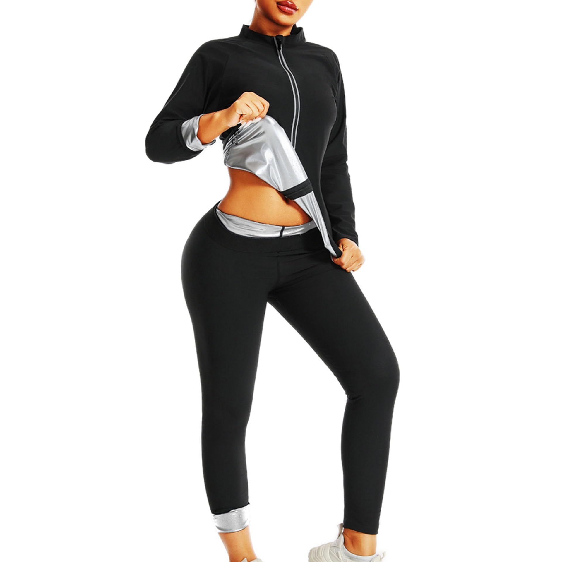 Traje Sauna Mujer, Trajes De Sudoración para Fitness, Fajas Reductoras Mujer Adelgazantes, Traje De Sudor Pérdida De Peso para Yoga Running, Conjunto De Pantalón Superior,2XL,Silver