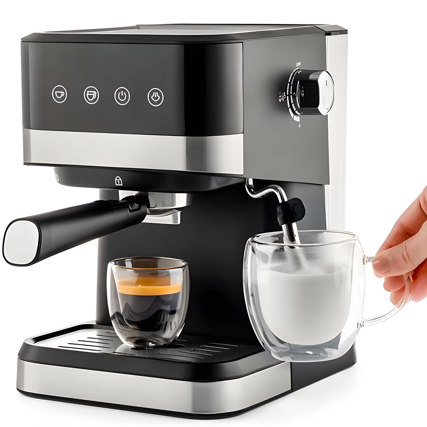 Wintem Macchina del Caffè in Plastica e Acciaio1050W 1,5L in Nero - Doppio Filtro in Metallo - Funzione Montalatte Innovativa - Ugello Vapore Staccabile Pratico e Facile da Pulire