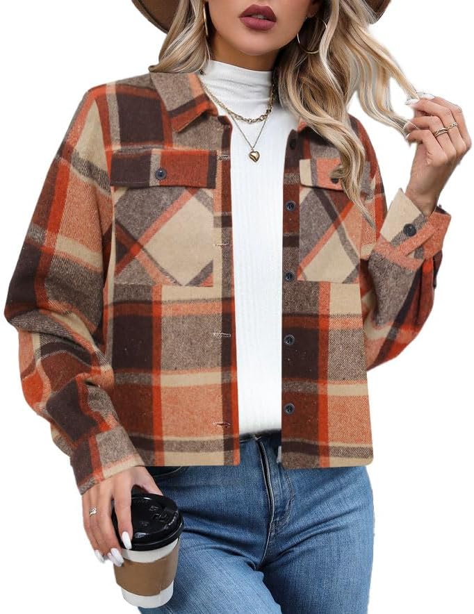Dookttker Womens Cropped Flannel Shacket Plaid Button Down Shirts Jackets Long Sleeve Coat Tops Fall Clothes Fashion Outfits