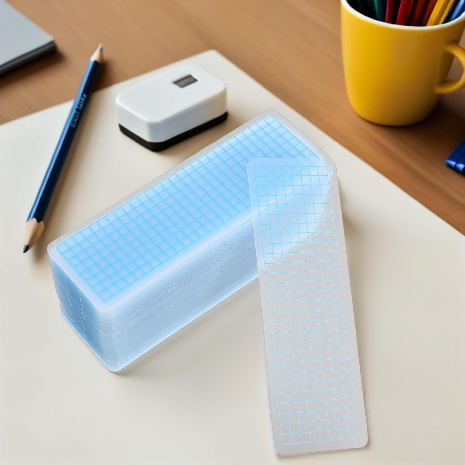 OFFSCH 100pcs Plaid Pattern Washi Tape Sample Boards with Rounded Corners, Frosted Blue Sub-Packing Tape Holders for Scrapbooking and Craft Storage in School Or Office Use