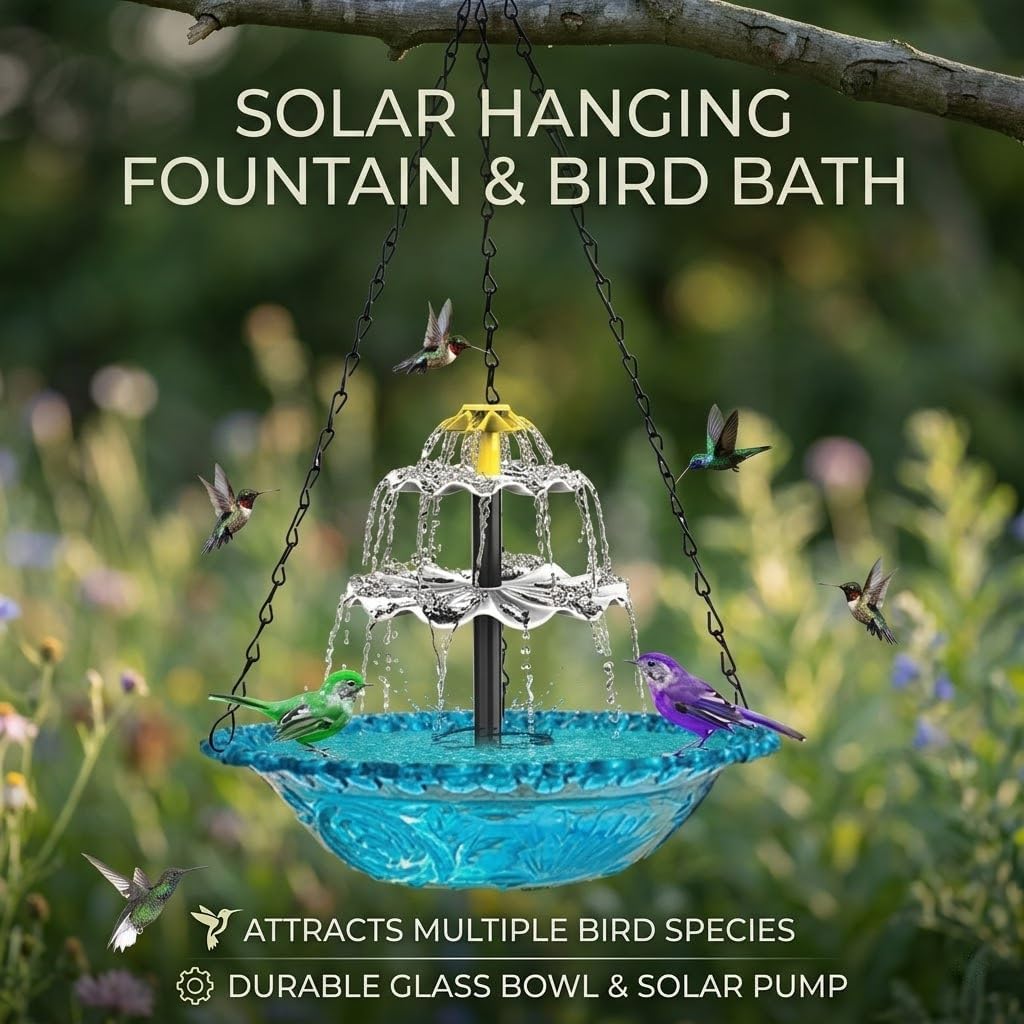 Solar Cascade Hanging Bird Bath Fountain, Solar Powered Hanging Bird Bath with Glass Bowl, Outdoor Hanging Birdbath Water Fountain for Hummingbirds, Garden Patio Yard Decor, Blue (red)