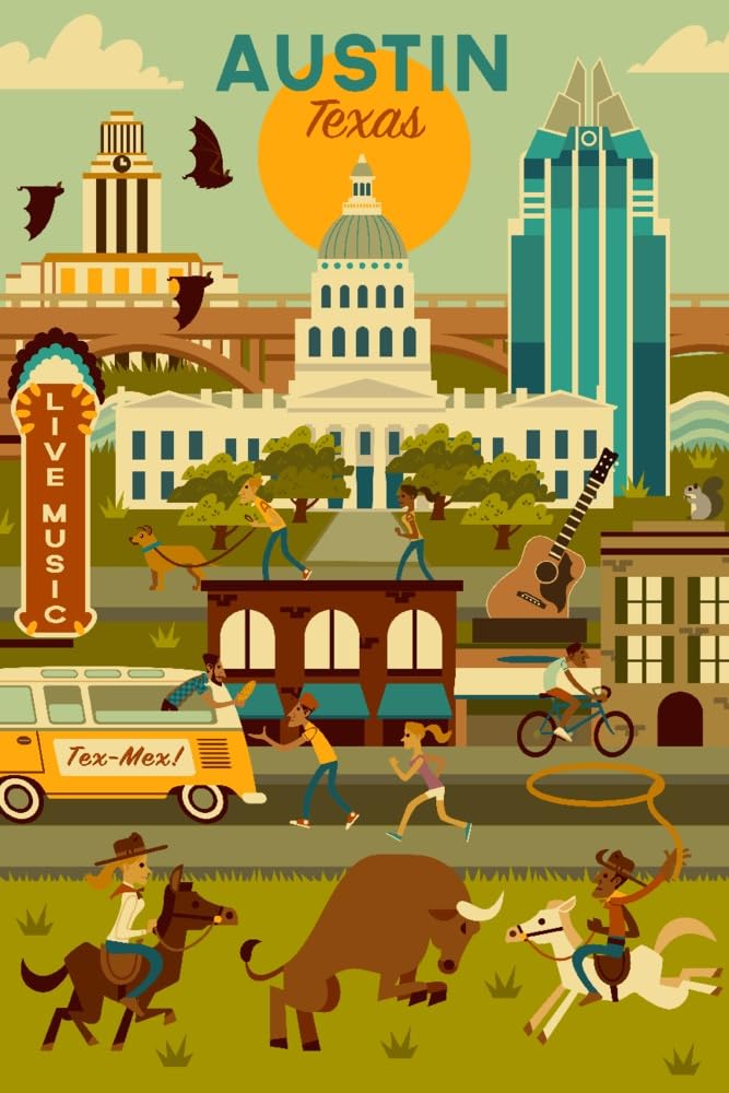 Austin Texas Puzzle per adulti 1000 pezzi disegnato a mano Austin Cityscape Jigsaw puzzle, musica e cultura Texas, puzzle di viaggio Downtown Austin, poster di riferimento incluso, prodotto negli