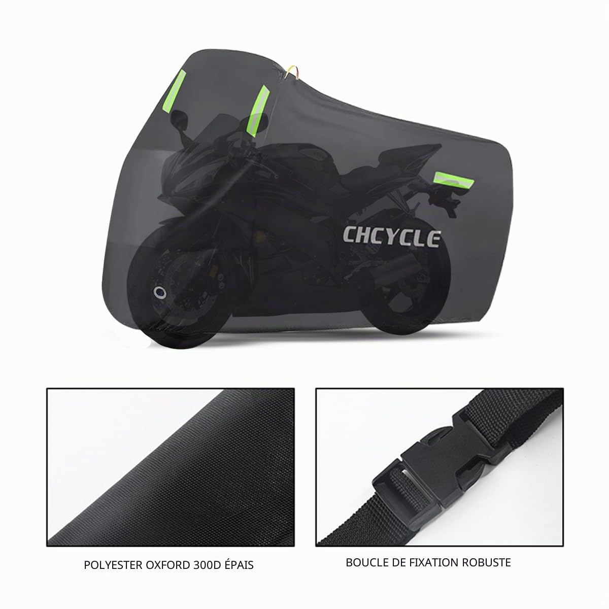 Housse de moto 300D robuste, étanche, toutes saisons, housse universelle pour cyclomoteur, extérieur avec trous de verrouillage et sac de rangement (noir, taille XXL)