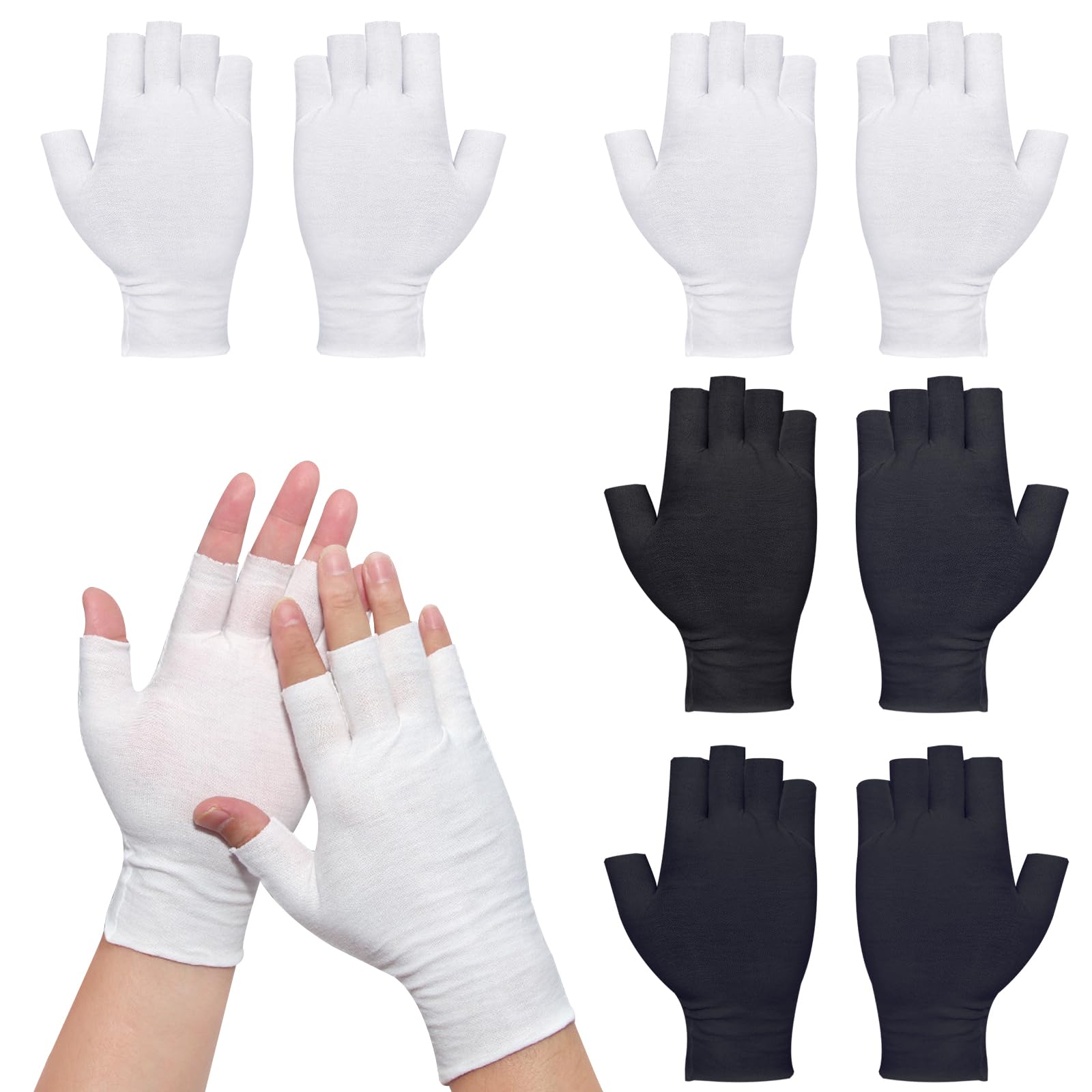 Guanti Cotone Dermatologici, 4 Coppie di Guanti di Cotone Bianco e Nero per Mani Secche Guanti Idratanti Senza Dita Guanti di Protezione UV per Dormire, Spa, Trattamento Della Pelle (Metà dito)