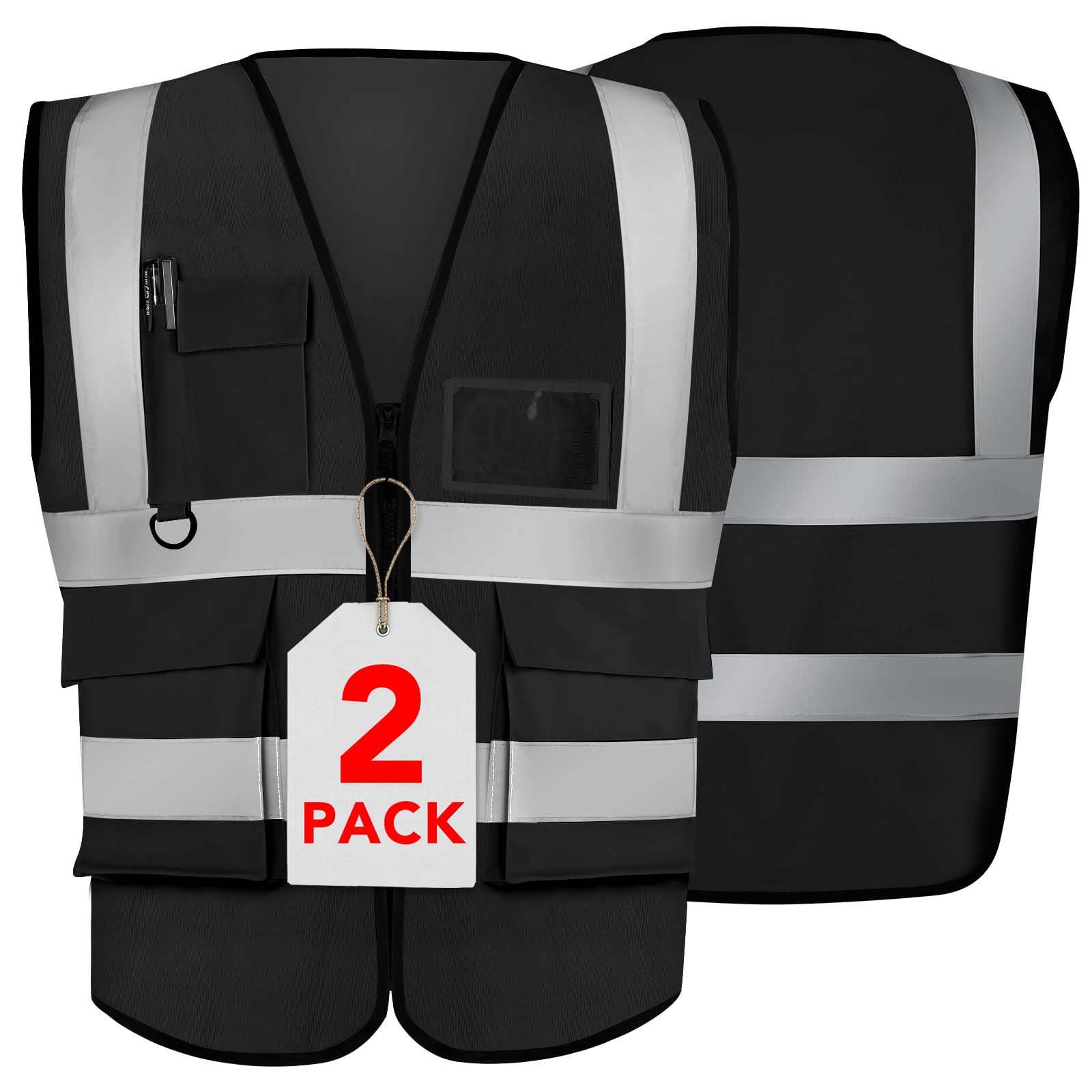 XPCARE 2-Pack Reflective Safety Vests with Pockets,Hi Viz Zipper Front Safety Vest,High Visibility Reflective Strips Working Vest-Black(Large)