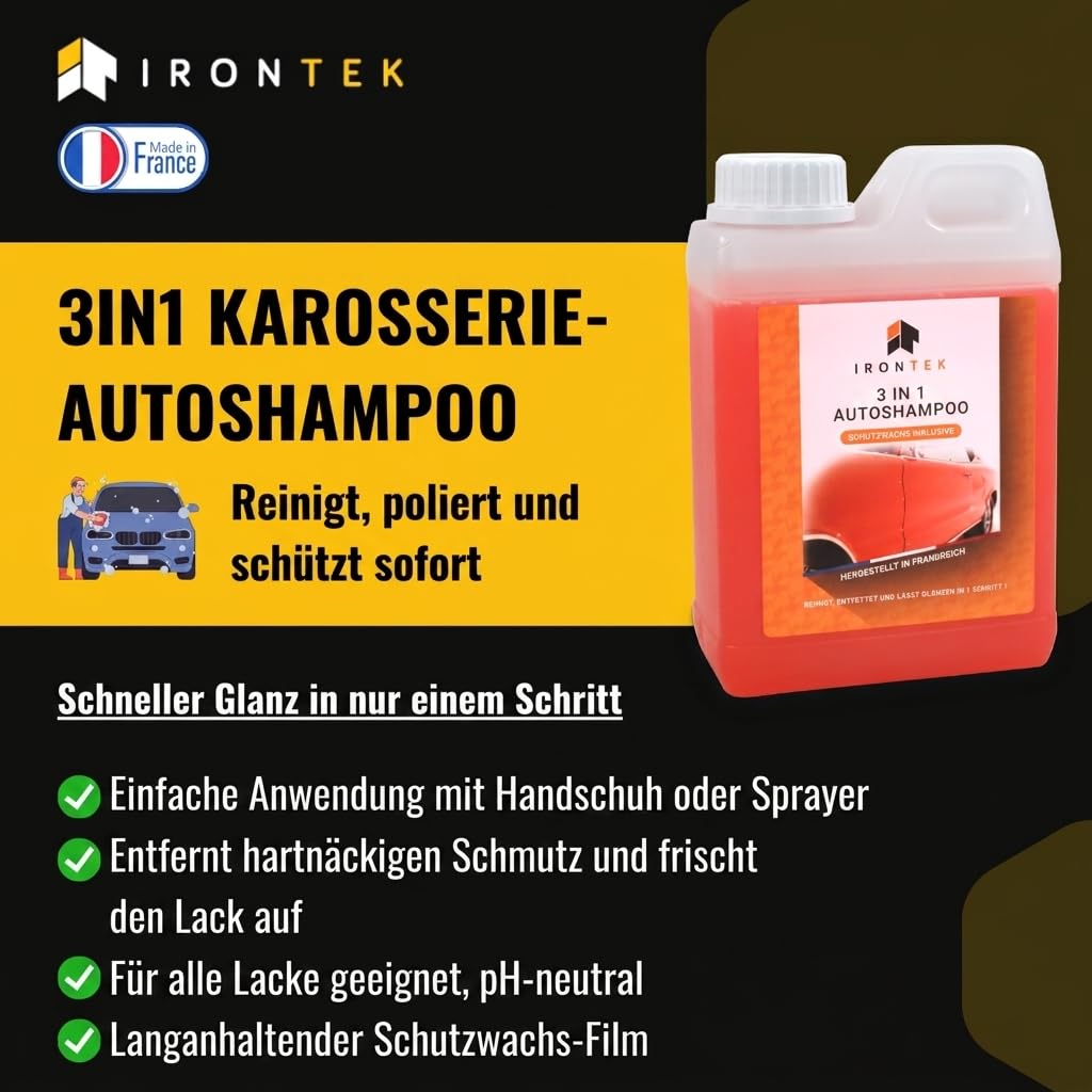 Auto Shampoo mit Wachs - IRONTEK - 1 L | IT318 | 3-in-1 Reinigung Glanz Schutz | pH-Neutral | Alle Lacke