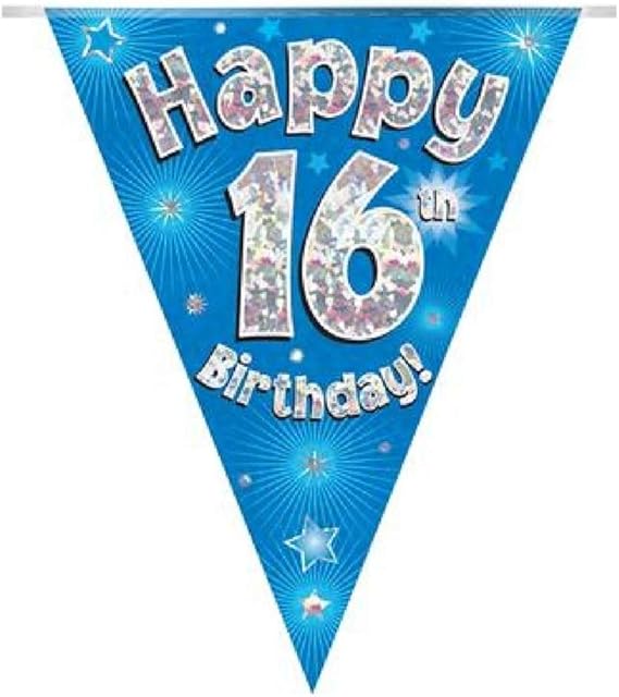 OAKTREE UK 631304 Party Bunting Happy 16th Birthday Blue Holographic 11 Flags 3.9m