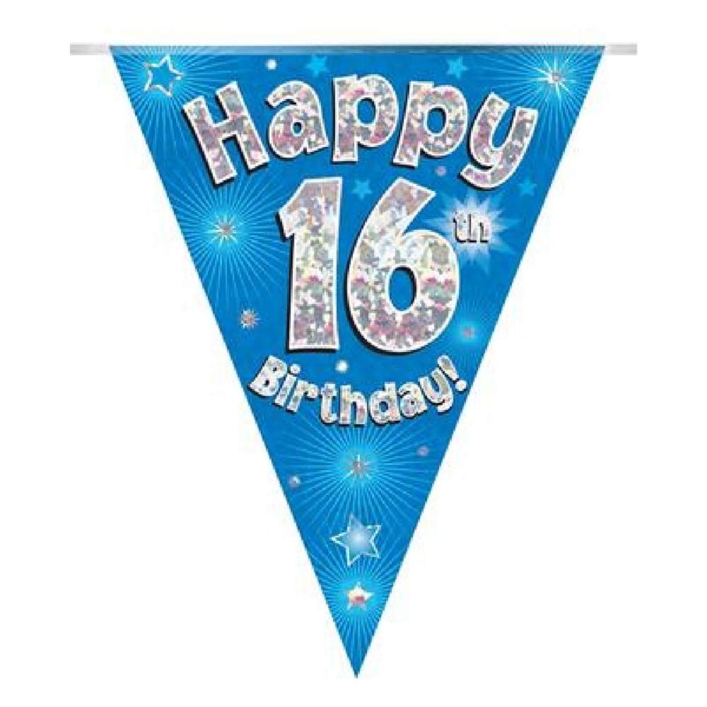 Party Bunting Happy 16th Birthday Blue Holographic 11 flags 3.9m