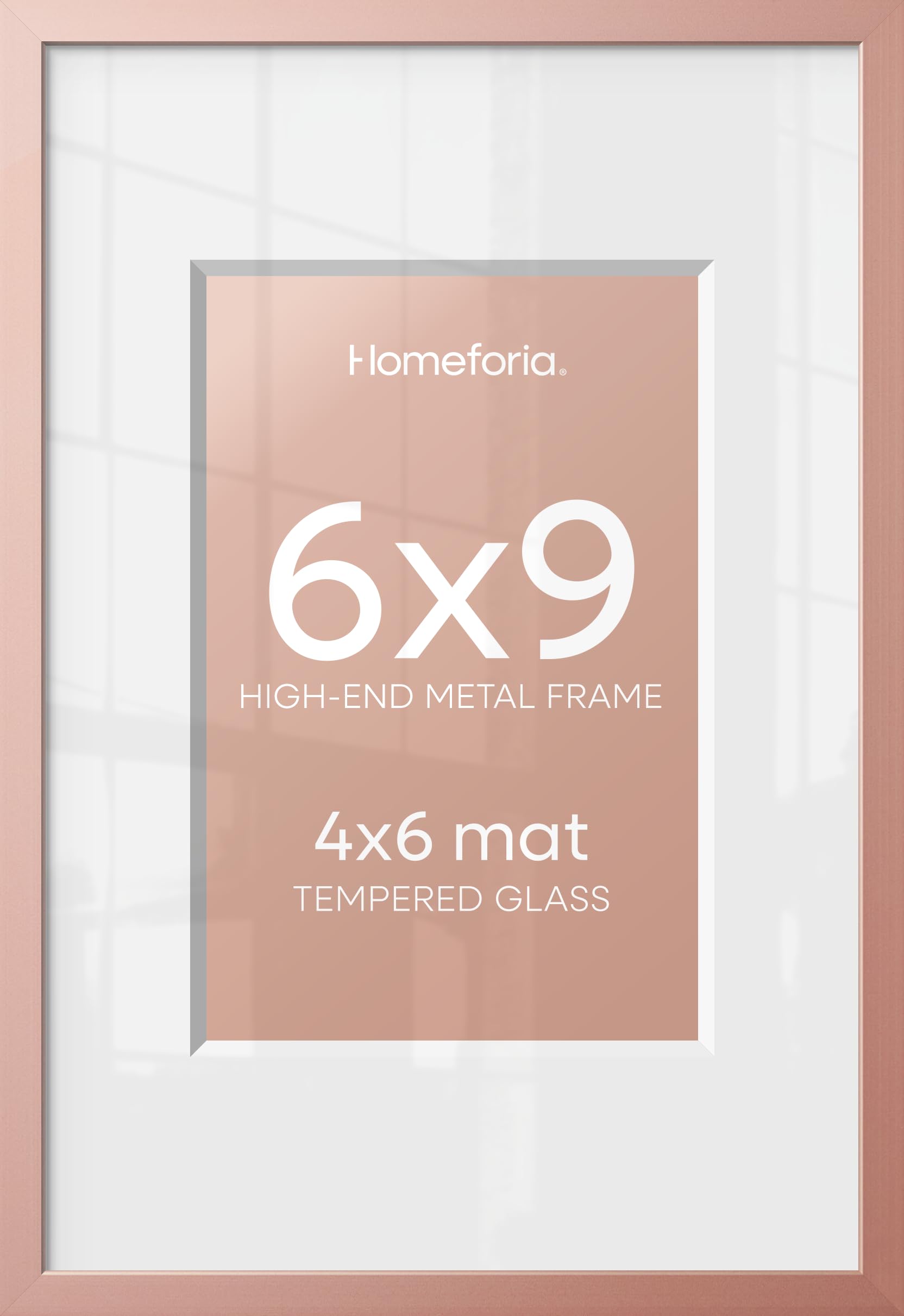 Homeforia 6x9 Rose Picture Frame, High-End Metal, 4x6 Mat, Glass | High End Aluminum, Tempered Glass, Acid-Free 4x6 Removable Mat, 6x9 in Edge-to-Edge Display 9x6, Wall Kit, Set Of 1
