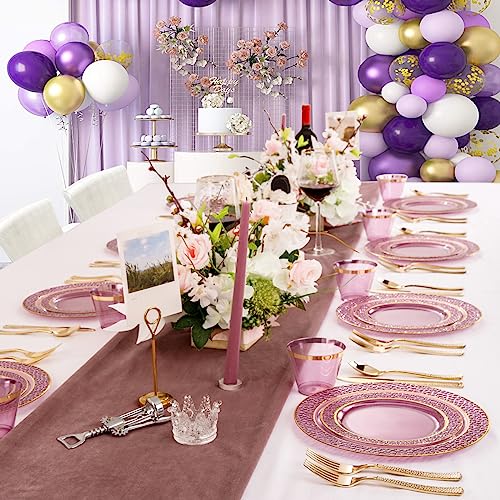 Nervure 150Pcs Clear Purple Plastic Plates - Gold Plastic Plates - Purple And Gold Plates Include: 25Dinner Plates, 25Dessert Plates, 25Cups, 25Forks, 25Knives, 25Spoons For Wedding & Party #TOP4