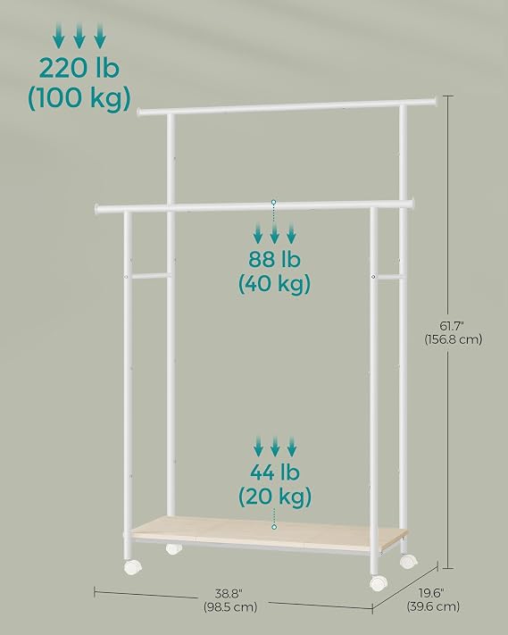 SONGMICS Double-Rod Clothes Rack with Wheels, 38.8 Inches Garment Rack with Shelf for Hanging Clothes, Loads up to 220 lb, for Bedroom, Closet, Natural Beige and Cloud White UHSR152W01