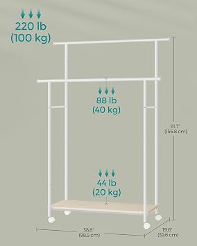 SONGMICS Double-Rod Clothes Rack with Wheels, 38.8 Inches Garment Rack with Shelf for Hanging Clothes, Loads up to 220 lb, for Bedroom, Closet, Natural Beige and Cloud White UHSR152W01