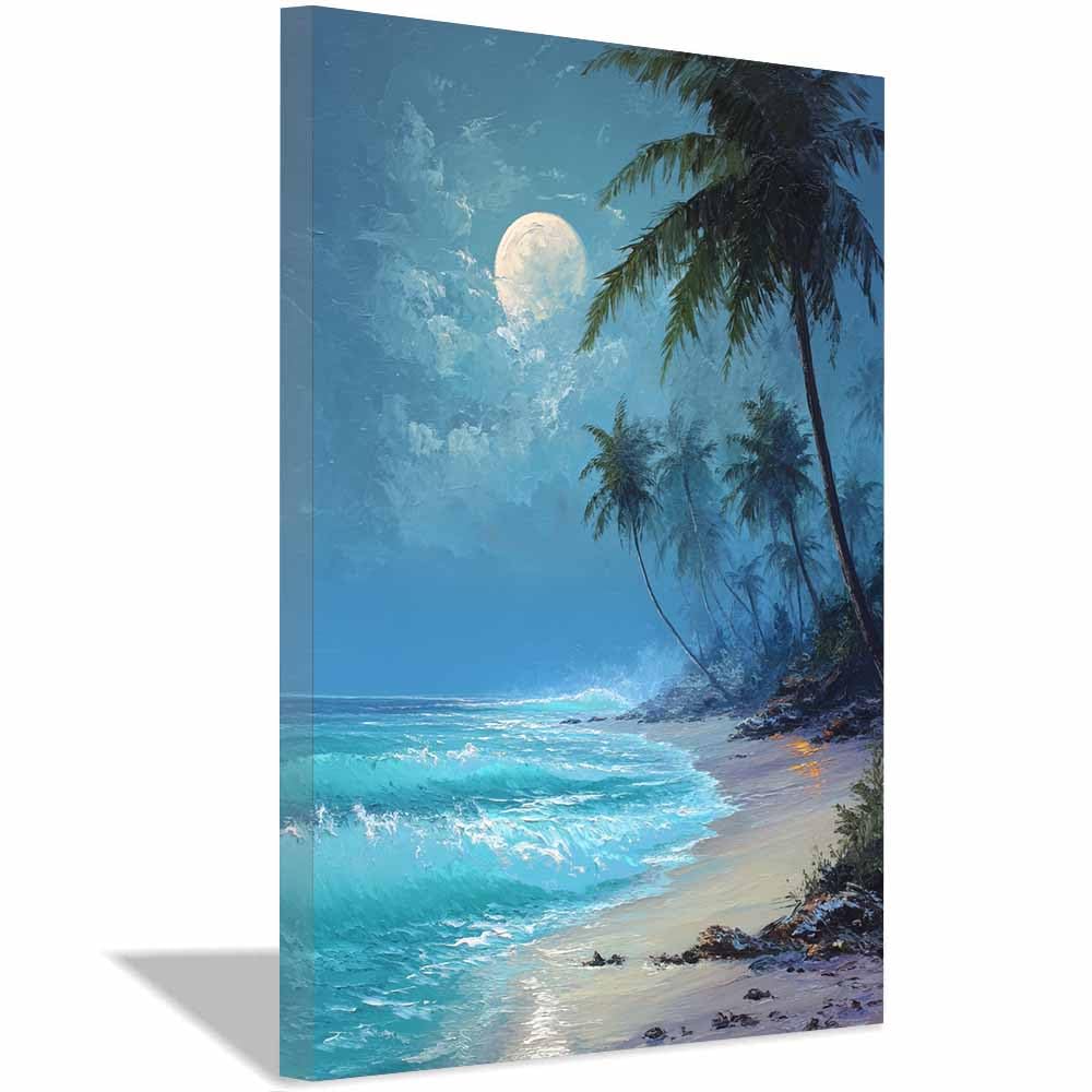 HOQIU Beautiful wall art Moonlit Tropical Beaches canvas artwork for wall, art prints, For living room, bedroom, bathroom, dining room, painting and decor.(Multicolor)-40x60cm Framed