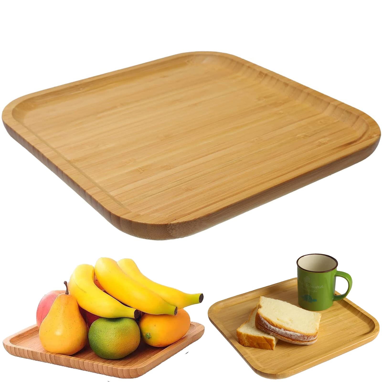 CaOJing Bamboo Wooden Serving Tray, Square Flat Natural Bamboo Wooden Tray Cheese Plate Serving Board Serving Platter for Kitchen Home Bathroom Bed Coffee, Tea, Fruit, Plant Pot (24cm*24cm*1.4cm)