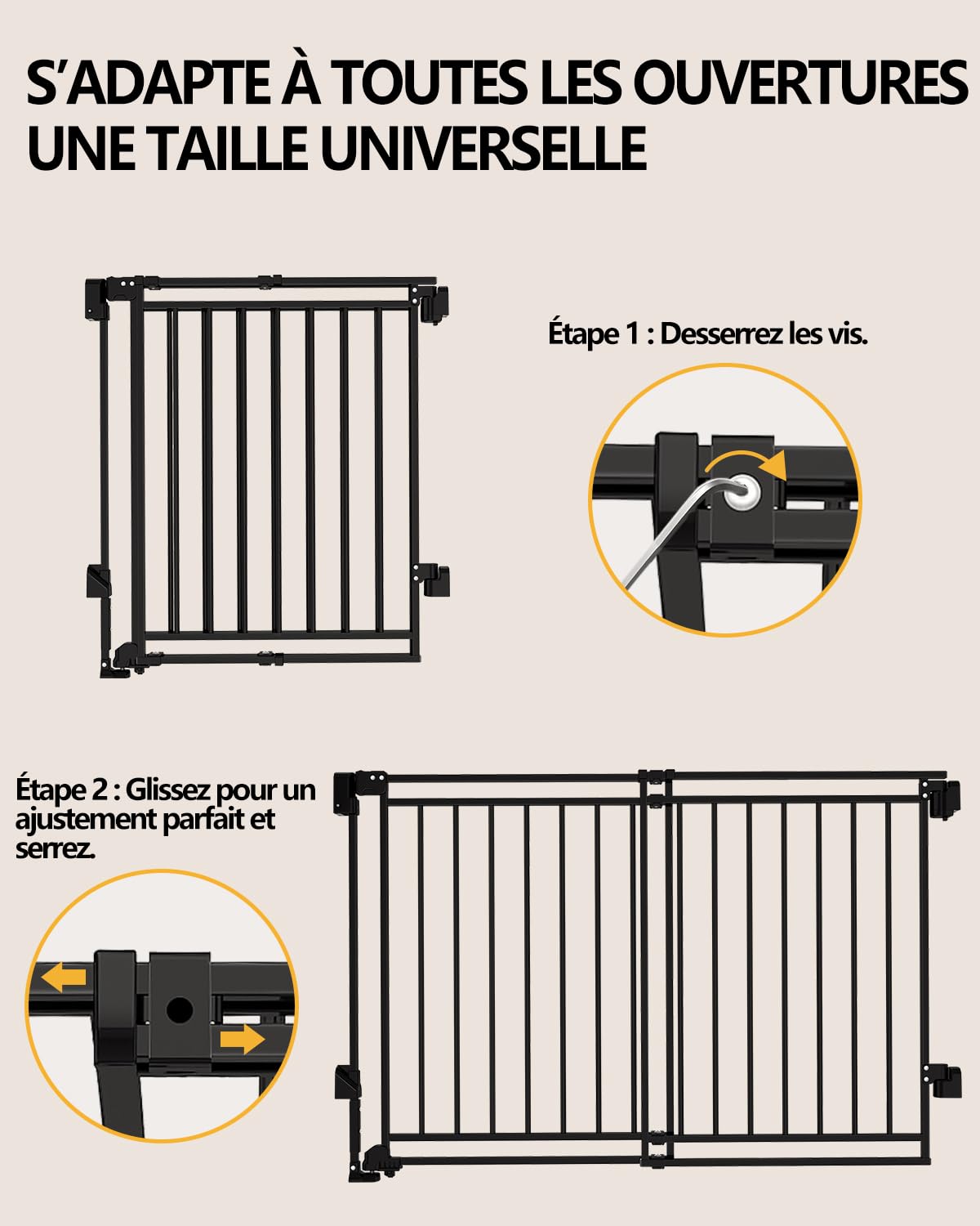 Barrera de seguridad infantil para escaleras, puertas y cocina, 26,4-43 pulgadas de ancho x 74 cm de alto, sin suelo, cierre automático con una sola mano, atornillado para perros y niños pequeños