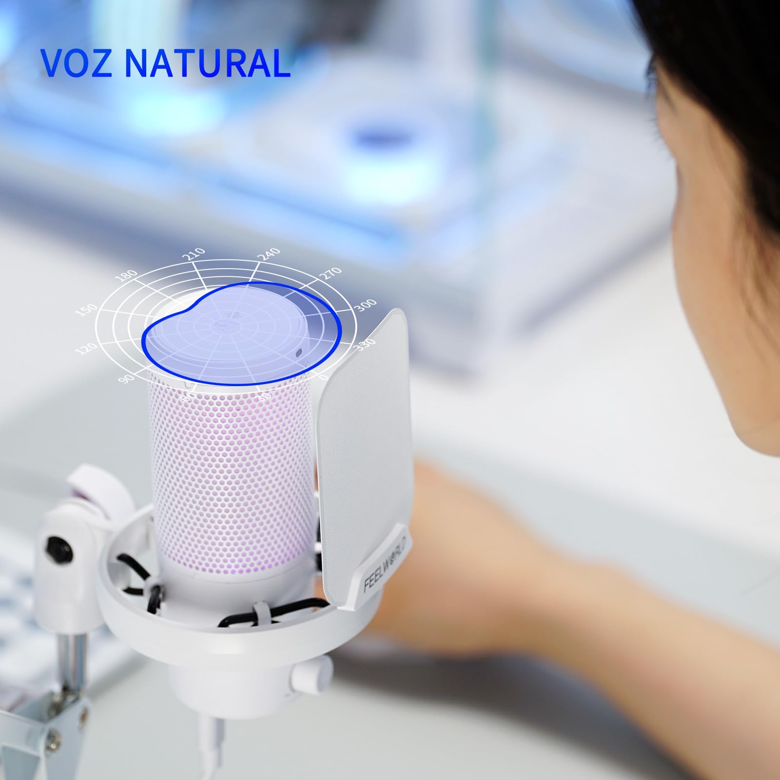 Feelworld VM1 Blanco Gaming PC USB Micrófono Condensador con Cancelación de Ruido Mute Luz RGB, Accesorios de Ordenador para Gamer Youtube Twitch Podcast Streaming Grabación Online Chat PS4 PS5