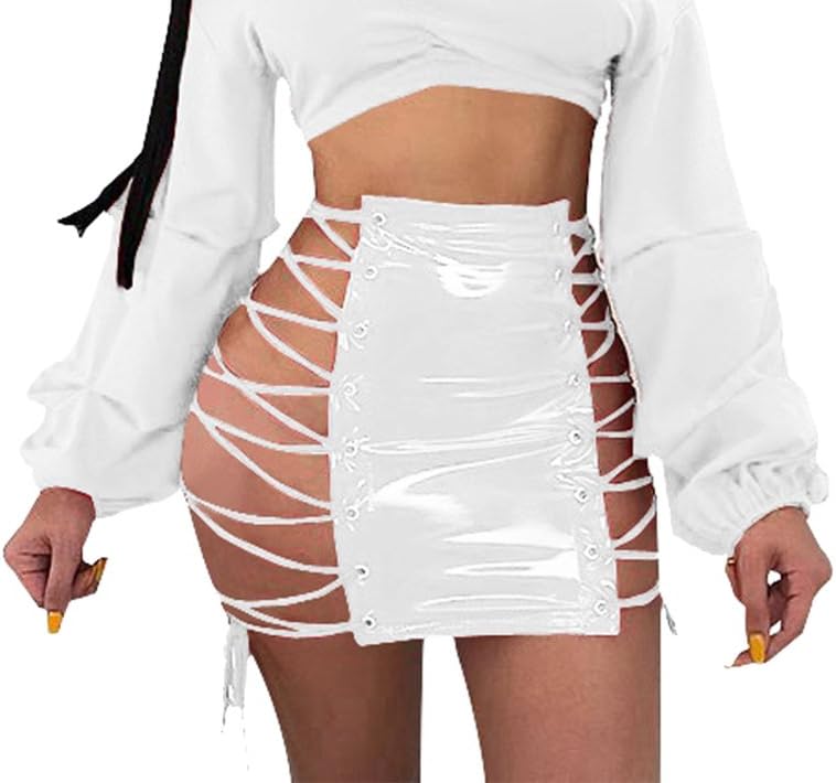 Women Club Sexy Bandage Dresses PU Leather Mini Skirt White XL
