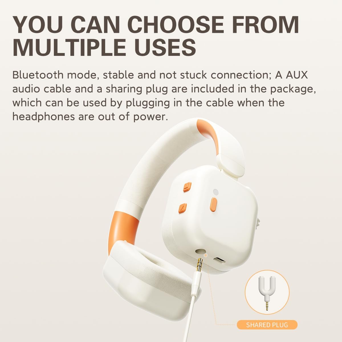 iKF Fkids Pro headphones showing the 3.5mm AUX audio cable connection for wired use and a sharing plug.